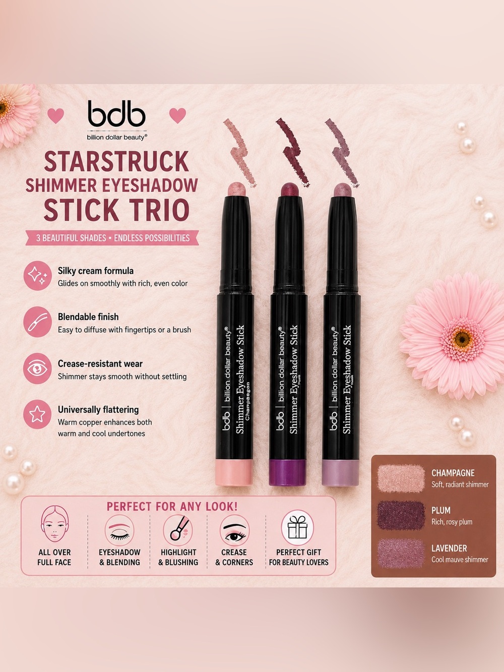 bdb Starstruck Shimmer Eyeshadow Stick Trio - champagne, plum,  lavender NIB